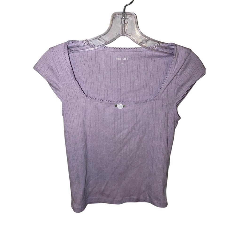 Hollister Lavender Pointelle Knit Top‎ Square Neck Lace Trim Rosette XS Purple